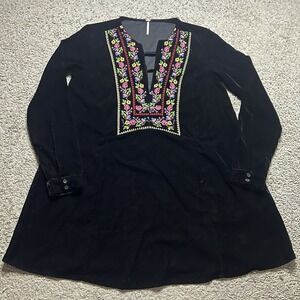 Free People Always Forever Black Velour Floral Flower Embroidered Tunic Dress S